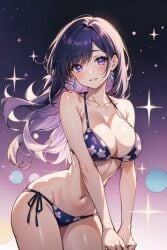 1girls ai_generated bangs bare_arms bare_shoulders bikini blush breasts cleavage dancer dancing ear_piercing earrings female female_only floral_print gradient gradient_background jewelry large_breasts long_hair looking_at_viewer megazard navel night parted_lips print_bikini print_bra print_panties purple_eyes purple_hair shooting_star side-tie_bikini smile solo space sparkle sparkle_background star_earrings starry_background string_bikini swimsuit tagme thighs