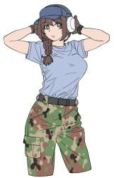 1girls braid braided_ponytail breasts brown_hair camouflage color colored gloves green_eyes headgear onsen_tamago_(hs_egg) original original_character shirt simple_background solo solo_female solo_focus tucked_shirt