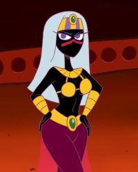 alien alien_girl alien_humanoid armbands black_body crown duck_dodgers facial_mark golden_bikini_top hands_on_hips jewelry looney_tunes martian martian_(duck_dodgers) purple_eyebrows purple_eyes queen_tyr'ahnee see-through_skirt theeyzmaster warner_brothers white_hair