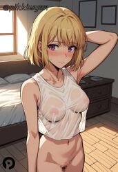 1female 1girls ai_generated arm_behind_head bangs bed bedroom blonde_hair blush blushing_at_viewer breasts breasts_visible_through_clothing censored censored_pussy cha_hae_in crop_top decensor_request female female_only looking_at_viewer mosaic_censoring mosaic_censorship multicolored_eyes nipples nipples_visible_through_clothing pikkiwynn short_hair solo_leveling uncensor_request