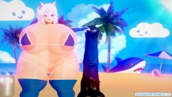 3d bad_anatomy beach beach_background big_ass big_breasts big_butt daidaikon fat gawr_gura gigantic_ass gigantic_breasts gigantic_thighs hololive hololive_english hololive_myth hyper multicolored_hair shark_girl shark_tail textless textless_version virtual_youtuber