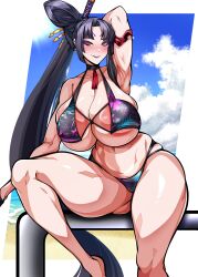 1girls alternate_breast_size armpits bikini black_hair breasts fate/grand_order fate_(series) female hi_res hips huge_breasts light-skinned_female light_skin long_hair naughty_face outdoors owner_(artist) sitting solo taira_no_kagekiyo_(fate) thick_thighs thighs wide_hips