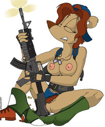 1990s 1997 20th_century 4_fingers anthro assault_rifle backwards_hat bear biting_lip breasts bullet_shells closed_eyes clothed clothing dog_tags female fingerless_gloves gloves greg_panovich gun hair hat holding_(disambiguation) holding_object holding_weapon jynx_(greg_panovich) m16 mammal masturbation nipples pants_down partially_clothed pubes pussy ranged_weapon rifle shooting underbarrel weapon