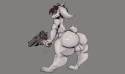 anthro ass balls big_butt bovid brown_hair caprine femboy fur genitals goat gun hair handgun holding_gun holding_handgun holding_object holding_ranged_weapon holding_revolver holding_weapon long_ears male mammal ranged_weapon revolver scut_tail short_tail sir_waska solo tail weapon white_body white_fur