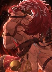 1boy alternate_costume anus apron armband ass ass_grab back_tattoo bara bellsaltr black_background black_hair black_hair_bottom domination feet_out_of_frame fire fundoshi gay granblue_fantasy highres huge_ass japanese_clothes leather leather_belt light_hair_on_dark_hair light_particles long_hair looking_back male_focus manly mature_male multicolored_hair muscular muscular_male official_alternate_costume ponytail red_hair red_hair_on_black_hair red_hair_top simple_background spatula spiked_hair spoon spread_ass tan tattoo thick_arms thick_thighs thighs white_hair wilnas_(apron_of_ardor)_(granblue_fantasy) wilnas_(granblue_fantasy) yellow_eyes