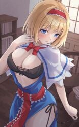 1girls 2d alice_margatroid blonde_hair blue_eyes blush bra breasts cape clothed clothed_female dress exposed_breasts female hair_ornament indoors looking_at_viewer open_clothes ramie_(ramie541) short_hair shy solo source standing touhou