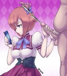 cellphone cumshot emotionless handjob jberserk looking_at_phone megami_tensei penis shin_megami_tensei shin_megami_tensei:_liberation_dx2 shiori_takadono uninterested