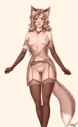 artist_request exposed_breasts exposed_pussy female fox_ears fox_girl furry lingerie personalami solo solo_female stockings