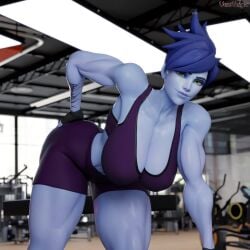 1girls 3d abs amelie_lacroix ass big_ass big_breasts black_fingernails black_nails blizzard_entertainment blue_hair elbow_sleeve female female_only fit fit_female gym looking_at_viewer muscular muscular_female muscular_thighs oiled oiled_skin oily overwatch overwatch_2 purple-skinned_female purple_skin short_hair shorts solo solo_female tattoo tattoo_on_stomach thick_thighs thunder_thighs tracer_(cosplay) vonsvaigen wide_hips widowmaker yellow_eyes