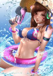 bearwitch big_breasts bikini blizzard_entertainment breasts cleavage d.va erect_nipples erect_nipples_under_clothes female female_only gun hat large_breasts looking_at_viewer necklace nipples overwatch pistol see-through see-through_bikini see-through_swimsuit solo water