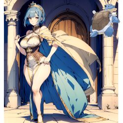 ai ai_generated blastoise blue_hair bras brown_eyes castle curvy humanization nintendo pokemon pokewomen short_hair standing wide_hips