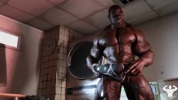 1boy 1human 1male 1man 3d 3d_(artwork) 3d_model bald bald_man big_dick big_dick_energy big_penis black_underwear cum_through_clothes dark-skinned_male dark_skin dazswole hung indoors laundromat laundry_room male male_focus male_only masculine masculine_male melanin morning muscles muscular muscular_male smiling solo solo_focus solo_male