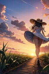 1girls ai_generated ass clothes_lift cloud cloudy_sky dress dusk evening facing_away from_behind gradient_sky grass hat horizon large_ass long_hair megazard narrow_waist orange_sky outdoors plant scenery sky solo straw_hat sun sun_hat sundress sunlight sunset tagme thick_thighs twilight upskirt wind wind_lift