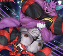 abs absurd_res anthro areola barazoku big_muscles big_pecs bulge claws clothed clothing duo fighting_ring generation_1_pokemon generation_7_pokemon hi_res huge_muscles huge_pecs huge_thighs incineroar lights luchador male male_only manly multicolored_body muscular muscular_anthro muscular_arms muscular_legs muscular_male muscular_thighs nekogaki0324 nidoking nintendo nipples pecs pokemon pokemon_(species) public purple_body sharp_teeth smile teeth thick_arms thick_thighs underwear underwear_only wrestler