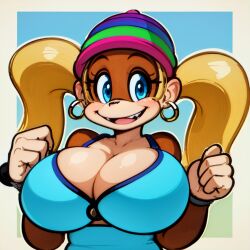 1girls ai_generated anthro big_breasts blonde_hair blue_eyes brown_fur donkey_kong_(series) female female_only giant_breasts huge_breasts monkey monkey_girl nintendo primate solo stable_diffusion tiny_kong unknown_artist