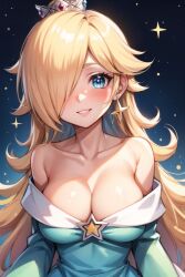 1girls ai_generated bare_shoulders blonde_hair blue_eyes blush breasts cleavage collarbone cross_earrings crown dress earrings hair_over_one_eye jewelry large_breasts light_particles long_hair long_sleeves looking_at_viewer mario_(series) megazard night nintendo off-shoulder_dress off_shoulder parted_lips princess_rosalina smile solo space sparkle star_earrings starry_background super_mario_galaxy tagme upper_body