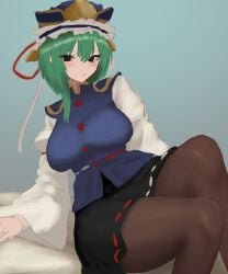 1girls 2d big_breasts blush breasts clothed clothed_female eiki_shiki female green_eyes green_hair hat hips looking_at_viewer lying lying_on_back lying_on_bed moriforest1040 pantyhose shirt short_hair shy skirt solo source stockings thick_thighs thighs touhou vest wide_hips