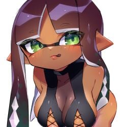 1girls :d ass bangs bent_over blunt_bangs breasts brown_hair cleavage dark-skinned_female dokudami-sama_(vaz_999) green_eyes inkling inkling_girl long_hair looking_at_viewer pointy_ears solo solo_female solo_focus splatoon splatoon_(series) tentacle tentacle_hair tongue tongue_out vaz_999