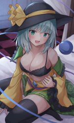 1girls 2d bare_shoulders bed bedroom blush breasts closed_eye clothed clothed_female exposed_breasts female green_eyes green_hair hat indoors koishi_komeiji looking_at_viewer open_clothes open_mouth partially_clothed partially_clothed_female ramie_(ramie541) shirt short_hair sitting skirt smile solo source thighhighs third_eye touhou undressing