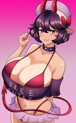 1girls big_breasts bikini blush cleavage demon_girl demon_tail female female_only hair_ribbon hat heart heart-shaped_pupils horns looking_at_viewer medium_hair mewmaster93 miniskirt pointy_ears purple_hair selene_(daigada) smiling smiling_at_viewer solo spiked_collar tail text_on_clothing tight_clothing topwear