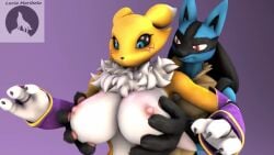 3_fingers 4_fingers animated bandai_namco big_breasts biped blue_eyes blue_fur breast_grab breast_play breasts bridal_gauntlets chest_fur chest_spike chest_tuft countershade_torso crossover dark_sclera digimon digimon_(species) fur_markings furry looking_at_breasts looking_at_partner looking_at_viewer looking_down lucario luciamaribela mask_(marking) mp4 nintendo no_sound open_mouth pink_nipples pink_pawpads pokémon_(species) pokemon pokemon_(species) purple_clothing red_eyes renamon renamon_(warfaremchine) size_difference smile surprise tagme video white_fur white_sclera yellow_fur