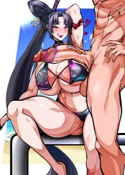 1boy 1girls alternate_breast_size bikini black_hair breasts clothed_female_nude_male fate/grand_order fate_(series) female hi_res hips huge_breasts huge_cock light-skinned_female light_skin long_hair male naughty_face owner_(artist) penis penis_awe taira_no_kagekiyo_(fate) thick_thighs thighs wide_hips