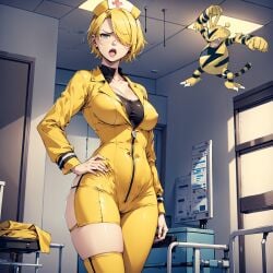 ai ai_generated black_eyes blonde_hair curvy electabuzz electra hair hospital humanization nintendo nurse nurse_outfit pokemon pokewomen short standing wide_hips