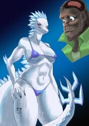 abs absurd_res anthro ape big_breasts bikini bikini_bottom bikini_thong bikini_top blush blush_lines bodily_fluids breasts chervyarts claws clothed clothing curvy_figure digital_media_(artwork) duo female godzilla_(series) godzilla_x_kong:_the_new_empire gorilla hand_on_hip haplorhine hi_res horn kaiju king_kong king_kong_(series) kong male male/female mammal meme monster monsterverse muscular navel neuron_activation neuron_activation_(meme) nipple_outline nipples partially_clothed primate reptile scales scalie shimo_(kaiju) simple_background smile snoot_game spikes sweat swimwear tail thick_thighs thong underwear white_body wide_hips