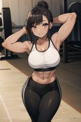 1girls abs ai_generated armpits arms_behind_head arms_up bangs bare_shoulders black_pants breasts brown_eyes brown_hair gym hair_bun large_breasts leggings looking_at_viewer megazard muscular muscular_female navel parted_lips smile solo sports_bra sweat tagme tan thighs toned wooden_floor yoga_pants