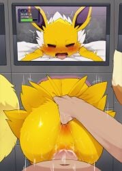 anal_fingering anus ass big_butt blush bodily_fluids dagasi eeveelution female feral feral_penetrated fur generation_1_pokemon genital_fluids genitals hi_res human jolteon male male/female mammal nintendo pokemon pokemon_(species) pokephilia sex_box tail through_wall thumb_in_ass zoophilia