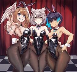 3girls alternate_version_available big_breasts black_bunnysuit blue_eyes breasts brown_eyes brown_hair bunny_ears bunny_tail bunnysuit cat_ears cleavage core_crystal damagefloor dark_blue_hair eunie_(xenoblade) fake_animal_ears fake_tail female female_only hair hand_on_hip hips huge_breasts leggings legwear long_hair medium_breasts mio_(xenoblade) multiple_girls nintendo peace_sign sena_(xenoblade) short_hair small_breasts smile tail thighs wide_hips xenoblade_(series) xenoblade_chronicles_3 yellow_eyes