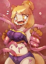 2023 animal_humanoid bandeau biped blonde_hair blush blush_lines bodily_fluids breasts camel_toe claws cleavage clothed clothing crying embarrassed eyebrow_through_hair eyebrows fangs female fluffy fluffy_tail g_(artist) hair hi_res humanoid imminent_rape imminent_tentacle_rape medium_breasts panties paws pink_tentacles purple_bandeau purple_clothing purple_panties purple_topwear purple_underwear sex solo sweat sweatdrop tail tears teeth tentacle tentacle_around_arm tentacle_around_breast tentacle_around_waist tentacle_sex tentacle_under_clothing topwear translucent translucent_hair underwear yellow_eyes