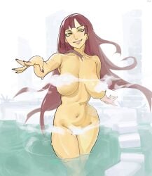 1girls big_breasts labslider long_hair nude onsen smile standing steam