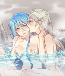 2girls azura_(fire_emblem) bath bathing blue_hair blush breast_grab breasts completely_nude corrin_(fire_emblem) corrin_(fire_emblem)_(female) cousins curryuku double_breast_grab ear_blush female female_only fire_emblem fire_emblem_fates grey_hair groping groping_breasts groping_from_behind hand_on_another's_face highres hot_spring incest lesbian licking licking_face long_hair multiple_girls nintendo nipple_tweak nipples onsen outdoors partially_submerged pointy_ears red_eyes steam yellow_eyes yuri