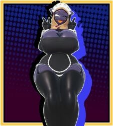 3d 3d_(artwork) anthro cleavage huge_breasts large_breasts maid maid_uniform one_eye_closed peace_sign primebooba smug spacetato tagme thick_thighs warframe wisp_(warframe)