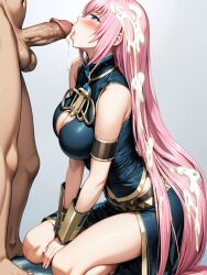 1boy 1girls after_fellatio ai_generated armband ballsack belt blue_eyes blush cleavage_cutout cum cum_in_mouth cum_on_hair fellatio female kneeling large_breasts male megurine_luka navel nude_male_clothed_female penis pink_hair stable_diffusion straight thighs uncensored_penis very_long_hair vocaloid