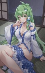 1girls 2d bare_shoulders belly belly_button blush breasts cleavage clothed clothed_female detached_sleeves female green_eyes green_hair hair_clip hair_tube indoors long_hair looking_at_viewer lying lying_on_floor no_bra open_clothes panties partially_clothed partially_clothed_female ramie_(ramie541) sanae_kochiya shrine_maiden skirt skirt_down smile solo source touhou vest