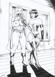 2023 2girls atlee big_breasts black_and_white bondage breasts collar dc dc_comics female femdom femsub gag kara_zor-l karen_starr leash nipples power_girl sancaracomicart yuri