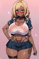 1girls ai_generated blonde_hair blue_eyes blush chest_tattoo choker cleavage collar corruption dark-skinned_female dark_skin gradient gradient_background gyaru heart heart_tattoo highleg_panties ineffective_clothing leg_tattoo long_hair looking_at_viewer megazard microskirt miniskirt navel pink_background pleated_skirt prostitute pubic_tattoo sailor_collar school_uniform skirt slut slutty_outfit smile solo sparkle sparkle_background stomach_tattoo tagme tattoo thick_thighs thighs underwear whore