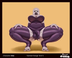 1futa ass bald balls big_breasts black_sclera breasts bulge cyclops female futa_only futanari intersex latex latex_thighhighs legs_apart nomad_reverse penis penis_under_clothes solo solo_focus solo_futa spread_legs squatting testicles tight_clothing uno vagina