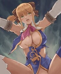 1girls :o bandai_namco big_breasts blonde_hair blush breasts cassandra_alexandra cleavage clothing_damage convenient_censoring defeated defeated_heroine elbow_gloves erect_nipples_under_clothes green_eyes hair_ribbon no_bra no_panties open_mouth out-of-frame_censoring popo_agaga solo soul_calibur soul_calibur_iv thighhighs torn_clothes white_legwear