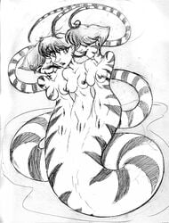 assimilation black_and_white breasts fangs female hiss hydra lipstick makeup monochrome naga nude pussy reptile rule_63 scalie snake solo stripes tongue transformation