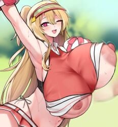 1girls absurd_res armpits bare_shoulders blonde_hair blurry_background blush bouncing_breasts breasts breasts_out cheerleader clay_(nikke) cowboy_shot crop_top emphasis_lines exposed_breasts exposed_nipples gigantic_breasts goddess_of_victory:_nikke hair_between_eyes highleg highleg_panties large_areolae long_hair looking_at_viewer motion_lines navel nipple_slip nipples no_bra one_arm_up one_eye_closed open_mouth panties peaked_cap pleated_skirt pom_poms puffy_nipples purple_eyes red_skirt side-tie_panties skirt sleeveless smile solo solo_female stomach sweat tiger_drop twintails underwear wardrobe_malfunction white_panties