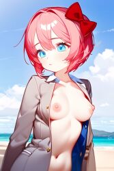 ai_generated beach blue_eyes bow_in_hair breasts breasts_out coral_pink_hair day daytime doki_doki_literature_club female just_sayori looking_at_viewer morning open_jacket pixai red_bow sayori_(doki_doki_literature_club) shoulder_length_hair slim_waist solo unbuttoned_shirt