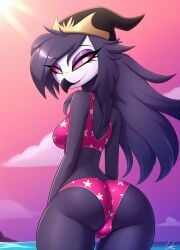 1girls ai_generated anthro ass avian avian_demon beak bird demon female helluva_boss octavia_(helluva_boss) pink_eyes smile solo stable_diffusion swimsuit