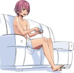 1girls artist_request belly belly_button boku_girl casual casual_exposure casual_nudity controller feet naked_female nipples nonsexual_nudity open_mouth pink_hair playing_videogame sitting sitting_on_couch small_breasts source_request suzushiro_mizuki tagme topless topless_female towel_around_waist towel_only white_background white_couch