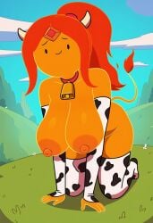 1girls adventure_time ai_generated cartoon_network cow_print female female_focus flame_princess hanging_breasts horn kneeling nude on_all_fours solo tagme userisbad