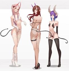 2d 3girls ass bra breasts brown_hair clothed clothing elf_ears female female_focus female_only fishnet_stockings fishnets functionally_nude heels high_heels horns inhoso long_hair looking_at_viewer looking_back looking_pleasured multiple_girls nipples original original_character original_characters panties partially_clothed pink_hair pointy_ears posing purple_hair revealing_clothes seductive seductive_eyes seductive_look seductive_smile sideboob skimpy_clothes small_breasts stockings tail