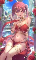 arabian_architecture arabian_clothes belly_dancer belly_dancer_outfit cleavage collar dancer dancer_outfit earrings embarrassed femsub harem_girl harem_outfit heart_symbol hololive hololive_fantasy hololive_japan houshou_marine jewelry large_breasts loincloth looking_at_viewer pelvic_curtain revealing_clothes sitting slave slavegirl smile smug submissive_female thighlet twintails veil virtual_youtuber