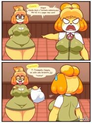 animal_crossing bell_collar big_breasts breasts cleavage collar comic derpybelle english_translation fake_pregnancy female female_focus female_only glasses hair_tied isabelle_(animal_crossing) jhenightfox joke nerdy nerdy_female nintendo notes_translation oanlwd prank ribbon spanish_text thick_thighs thighs wide_hips yellow_fur